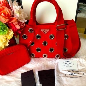 Prada Canapa Grommet Tote Bag with mini pouch on wristlet.